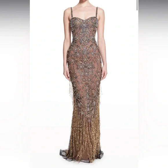 Marchesa Couture Icons Crystal Threadwork Gown Nude Beaded Evening Dress US 2 - Picture 1 of 15